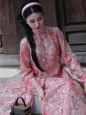 New! Ao Dai Vietnam Modern Style in Sequin pattern size XXL (US 6-8)